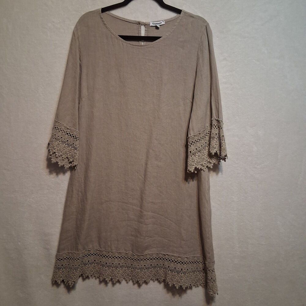 Rosemarine M Dress Linen Shift Taupe Beige Lace Trim Italy Coastal Lagenlook
